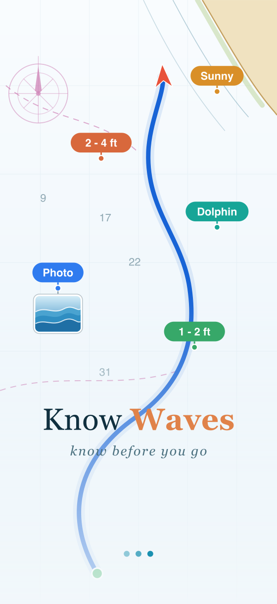 Know Waves app — a nautical chart with a planned route, live boat position, and crowd-sourced condition reports